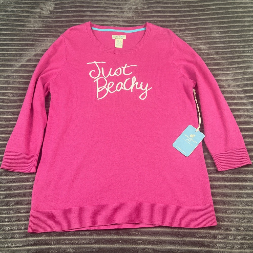 Caribbean Joe Just Beachy Pink Cotton Knit Sweater 3/4 Sleeve Lotus Pink L NWT